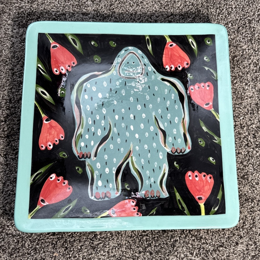 Droll Designs Hand Painted Decorative Square Plate - Yeti @ Flowers 11"